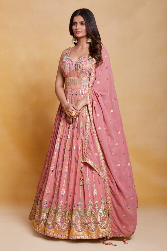 Pink Coloured Georgette with Sequence Thread Mirror Work Woman Designer Party wear Lehenga Choli with Dupatta!!
