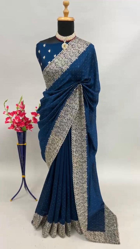 Blue Coloured Premium Vichitra Silk Embroidered Cutwork Border Women Designer Party wear Fancy Saree with Blouse!!