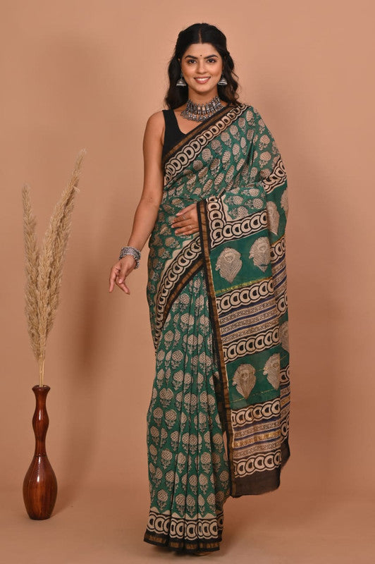 Green & Multi Coloured Hand Block Printed Women Designer Party wear Chanderi Cotton Silk Saree with Runnin Blouse!!