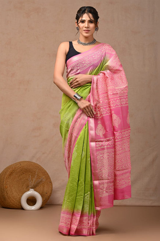 Paroot Green & Pink Coloured Hand Block Printed Women Designer Party wear Maheshwari Cotton Silk Saree with Runnin Blouse!!