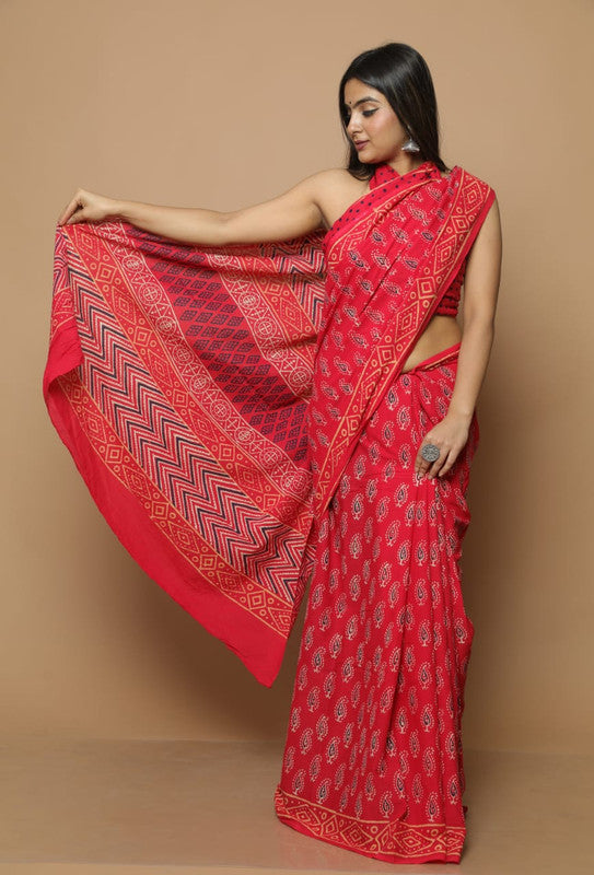 Red Beautiful Hand Block Printed Cotton Saree with Blouse!!