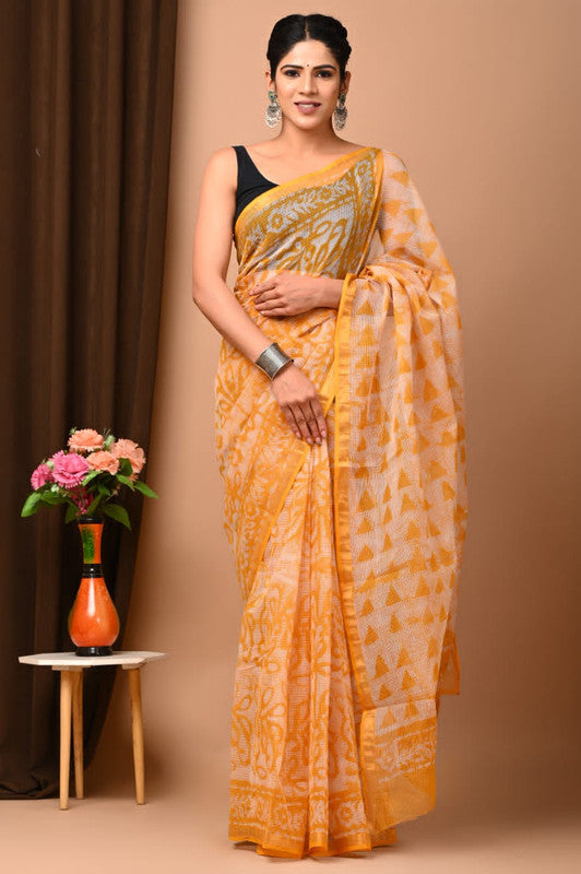 Mustard Yellow & Black Coloured Beautiful Hand Block printed Women Daily/Party wear Kota Doriya Cotton Saree with Blouse!!