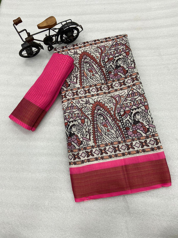 White & Multi Coloured Tussar Cotton with Digital Print with weaving Chit (lining) Pallu Women Designer Party /Daily wear Saree with Blouse!!