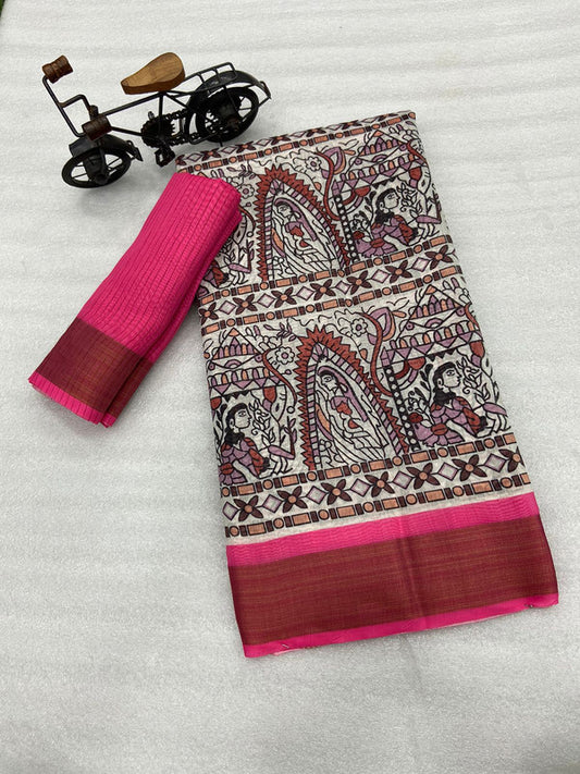 White & Multi Coloured Tussar Cotton with Digital Print with weaving Chit (lining) Pallu Women Designer Party /Daily wear Saree with Blouse!!