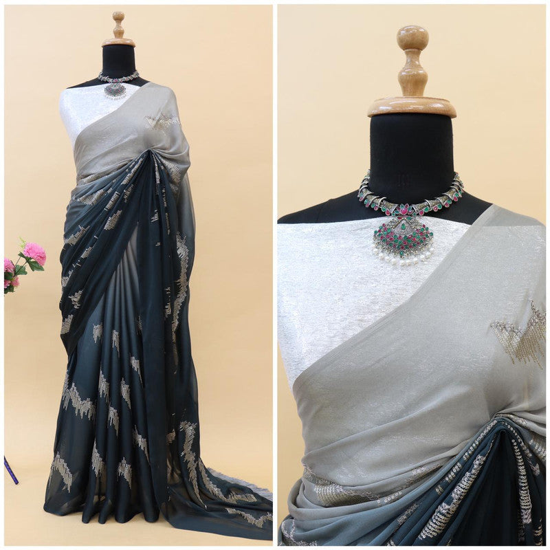 Dark Grey & Cream Coloured Padding Silk with Glitter Two Tone Sequence Embroidery work Women Festival/Party wear Designer Silk Saree with Blouse!!