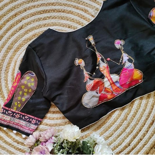 Black & Multi Coloured Pure Silk with Digital Printed & Hand work Woman Ready made Designer Botique Style Navaratri Concept Blouse- Free Size Up to 42 Inch!!