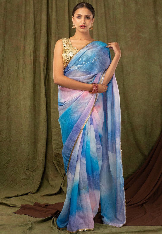 Blue & Multi Coloured Premium Khadi Organza with Digital print Women Party wear Oranza Silk Saree with Blouse!!