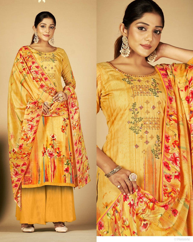 Yellow Coloured Premium Soft Cotton Printed Embroidery Work & Swarovski work Top with Plazzo & Dupatta Set!!