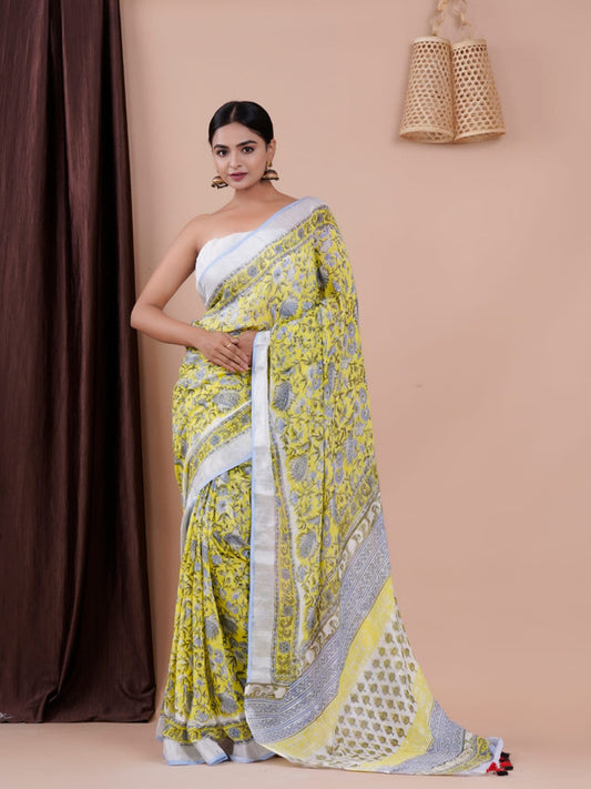 BEAUTIFUL LINEN HAND BLOCK PRINT SAREE