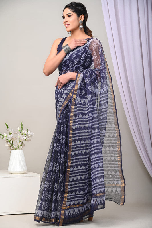 Blue & Multi Coloured Kota Doriya Cotton Beautiful Hand Block printed Women Daily/Party wear Saree with Blouse!!