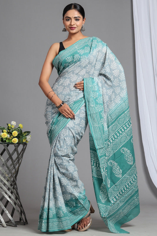 Grey & Light Green Coloured Pure Cotton Beautiful Hand Block printed Women Daily/Party wear Saree with Blouse!!