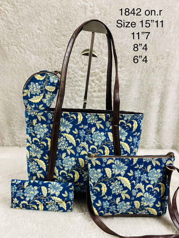 Blue & Multi Coloured Pure Cotton Printed Women Hand Bang- 4 PCS Combo( Tote Bag, Sling Bag, Envelop Purse & Key Pouch)!!