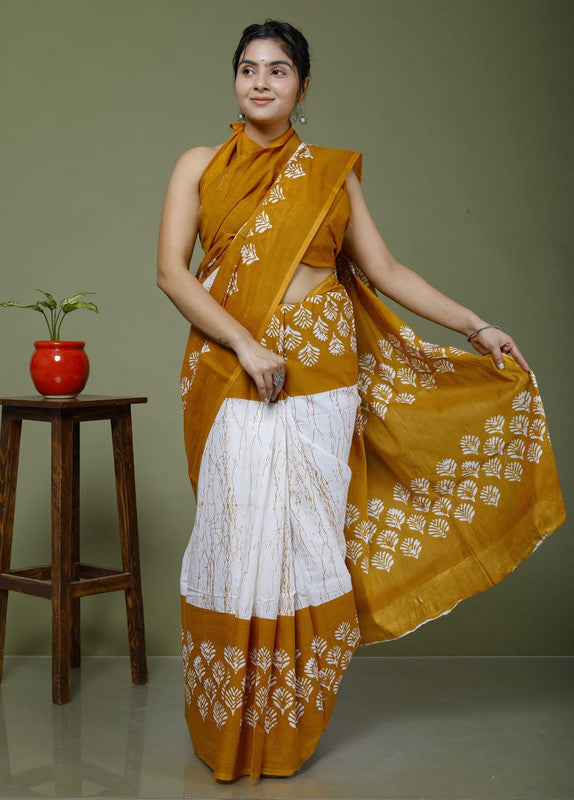 Mustard Yellow & White Coloured Hand Printed Super dying Quality Mul Cotton Women Daily wear Saree with Blouse!!