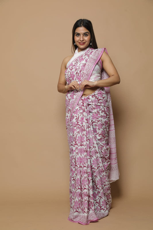 HAND BLOCK  PRINTED COTTON SAREE WITH BLOUSE!!