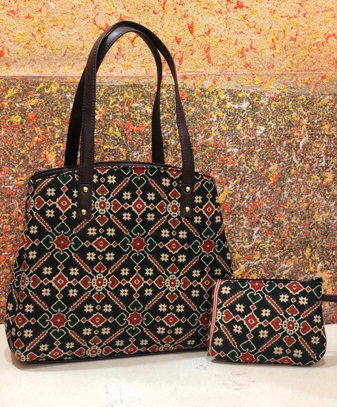 Multi Coloured Beautiful Ikkat Printed Triple Partition Hand Bag & Kit Pouch 2Pcs Combo( 2 Bags)!!