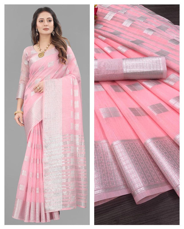 Soft Linen Silk Saree With Sliver Zari And  With Pallu