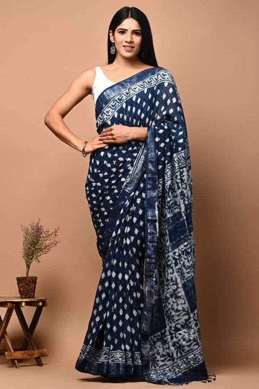 Blue & Multi Coloured Linen Cotton Beautiful Hand Block printed Women Daily/Party wear Saree with Blouse!!