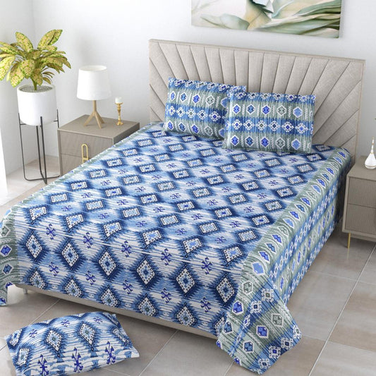 Blue & Green Coloured Pure Cotton Exclusive Hand Print Queen size Double Bed sheet with Pillow covers!!