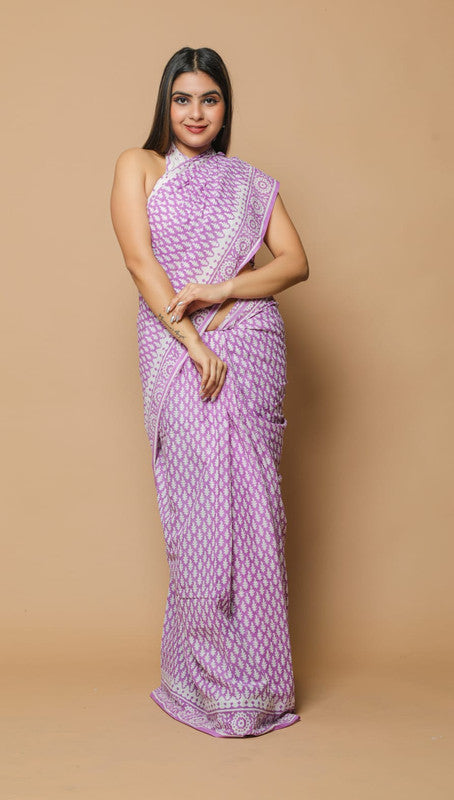 Purple & White Coloured Beautiful Hand Block printed Women Daily/Party wear Pure Mul Cotton Saree with Blouse!!