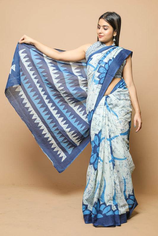 HAND PRINTED MUL COTTON SAREE