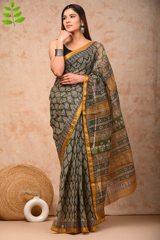 Green & Multi Coloured Kota Doriya Cotton Beautiful Hand Block printed Women Daily/Party wear Saree with Blouse!!