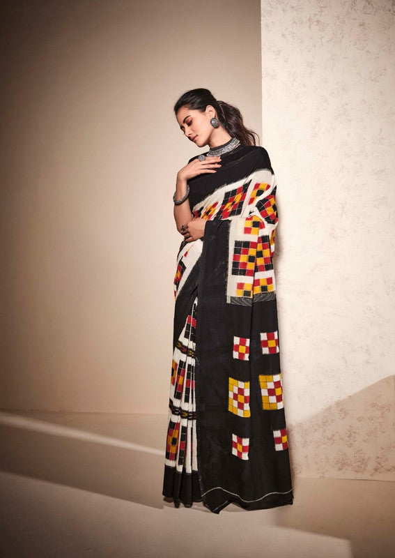 Black & Multi Coloured Soft Chanderi Cotton with Bagru Print Women Party wear Saree with Beautiful matching Blouse!!