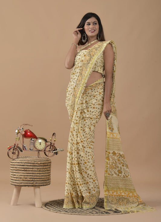 CHANDERI MIX COTTON BLOCK PRINTED SAREE