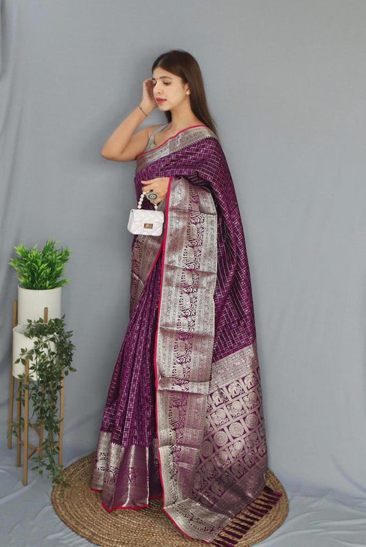 Purple & Red Coloured Beautiful Shiny Checks with Rich Pallu and attractive Border Women Designer Party wear Soft Silk Saree with Blouse!!