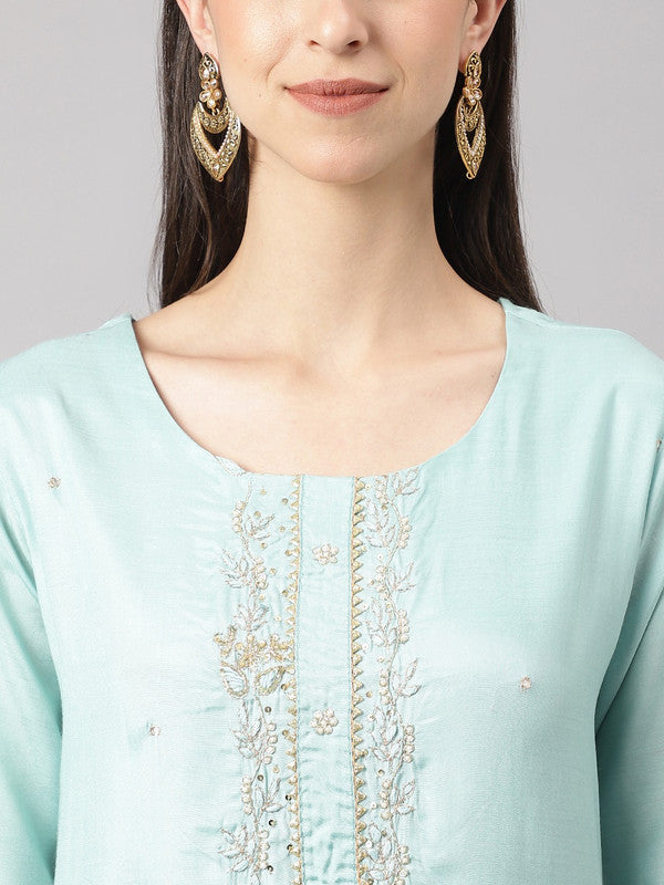 Sea Green Coloured Premium Silk Floral embroidered Gotta patti Straight Shape Round neck 3/4Sleeves Women Designer Party/Daily wear Kurti with Bottom & Organza Dupatta!!