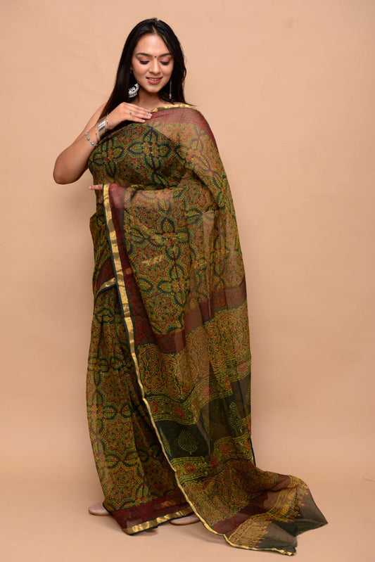 Pista Green & Multi Coloured Kota Doria with Hand Block Printed Jari Border Women Party/Daily wear Designer Kota Doria Saree with Blouse!!