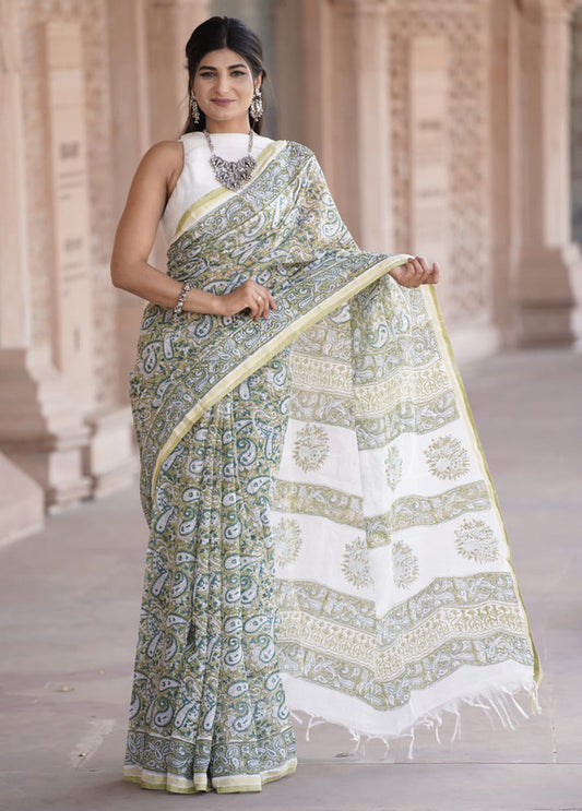 CHANDERI BLOCK PRINTED COTTON SAREE