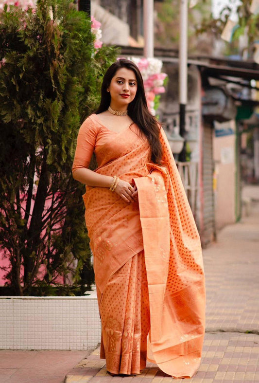 Light Orange Coloured Soft Cotton with Copper Zari woven Design Women Designer Party/Daily wear Full length Saree with Blouse!!