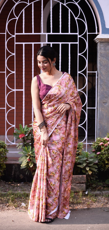 Pink & Multi Coloured Soft Silk with 4D Effect Digital Floral Print Women Party wear Designer Fancy Soft Silk Saree with Satin Blouse!!