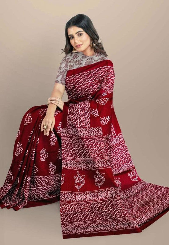 Maroon & White Coloured Premium Mul Mul Cotton Beautiful Hand Block printed Women Daily/Party wear Saree with Blouse!!