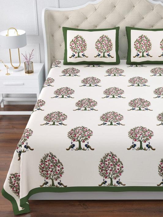 Green & Multi Coloured Pure Cotton with Beautiful Hand Block Printed King size Double Bed sheet with 2 Pillow covers!!