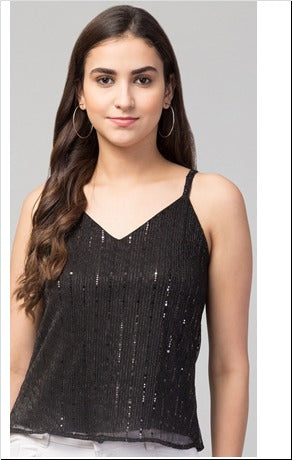 Black Embellished Net Fabric Sleeevless Top