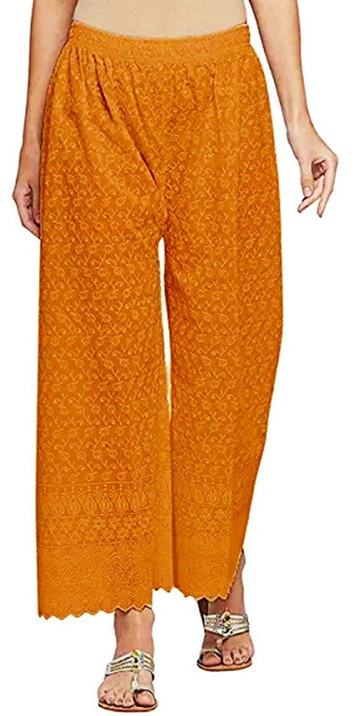 Yellow Cotton Chikan Straight Embroidered Palazzo Free Size( 28 to 40 Inch)!!