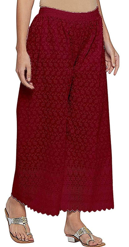 Maroon Cotton Chikan Straight Embroidered Palazzo Free Size( 28 to 40 Inch)!!