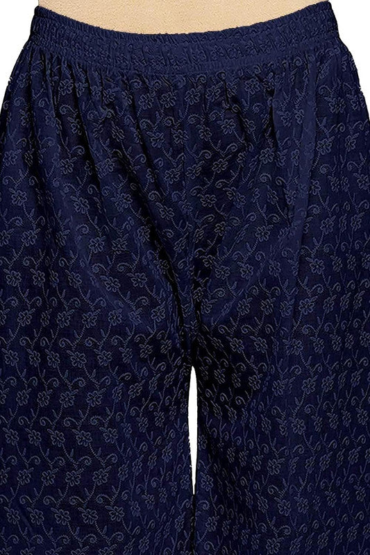 Navy Blue Cotton Chikan Straight Embroidered Palazzo Free Size( 28 to 40 Inch)!!