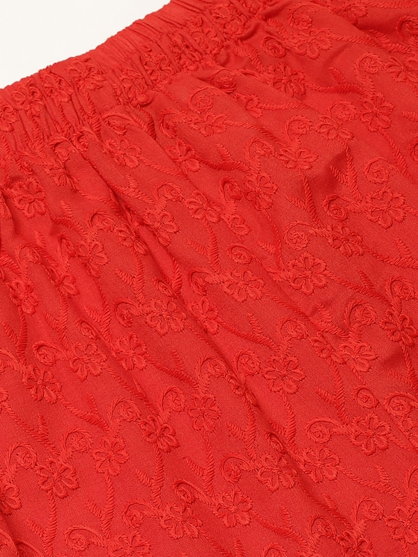 Red Cotton Chikan Straight Embroidered Palazzo Free Size( 28 to 40 Inch)!!
