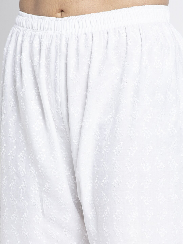 White Cotton Chikan Straight Embroidered Palazzo Free Size( 28 to 40 Inch)!!