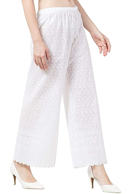 White Cotton Chikan Straight Embroidered Palazzo Free Size( 28 to 40 Inch)!!