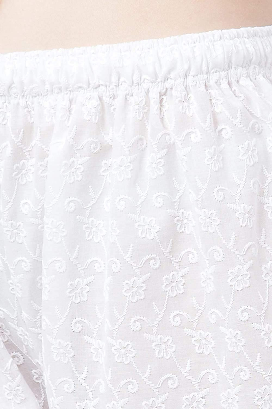 White Cotton Chikan Straight Embroidered Palazzo Free Size( 28 to 40 Inch)!!