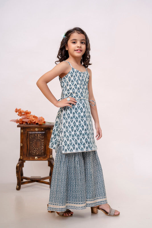 Blue Coloured Pure Cotton with Beautiful Print Sleeveless Girls Kids Designer Party wear Kurti Sharara with Dupatta!!