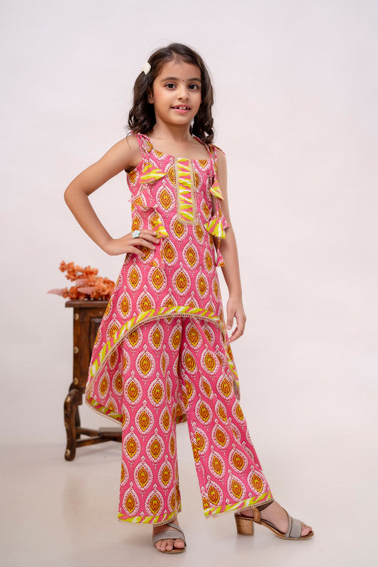Orange Coloured Pure Cotton with Beautiful Print & Embroidery Work Girls Kids Designer Party wear Kurti with Sharara!!