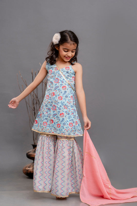 Blue Coloured Pure Cotton with Beautiful Print Sleeveless Girls Kids Designer Party wear Kurti Sharara with Dupatta!!