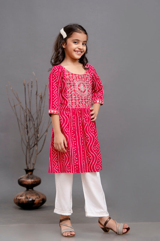 Pink & White Coloured Pure Cotton with Beautiful Print & Embroidery Work Girls Kids Designer Party wear Kurti with Sharara & Dupatta!!