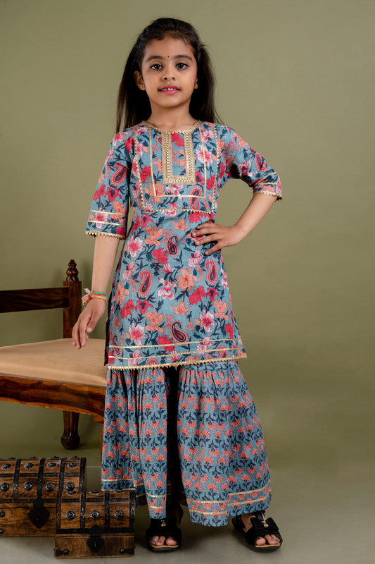 Multi Coloured Pure Cotton with Beautiful Print & Embroidery Work Girls Kids Designer Party wear Kurti with Sharara!!