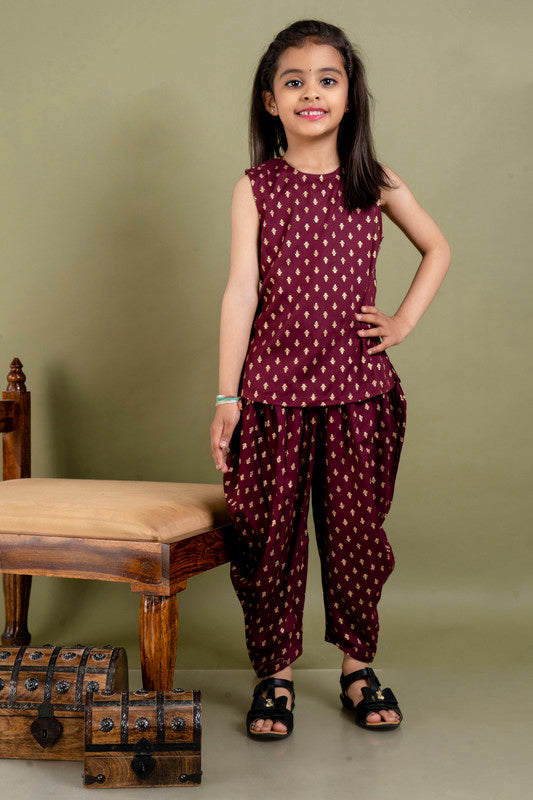 Maroon Coloured Premium Rayon with Beautiful Print Sleeveless Girls Kids Designer Party wear Kurti with Dhoti & Jacket!!