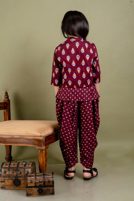 Maroon Coloured Premium Rayon with Beautiful Print Sleeveless Girls Kids Designer Party wear Kurti with Dhoti & Jacket!!